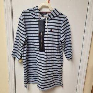 Tommy Hilfiger WOMEN XS Navy & Light Blue Striped Hooded Top New With Tags